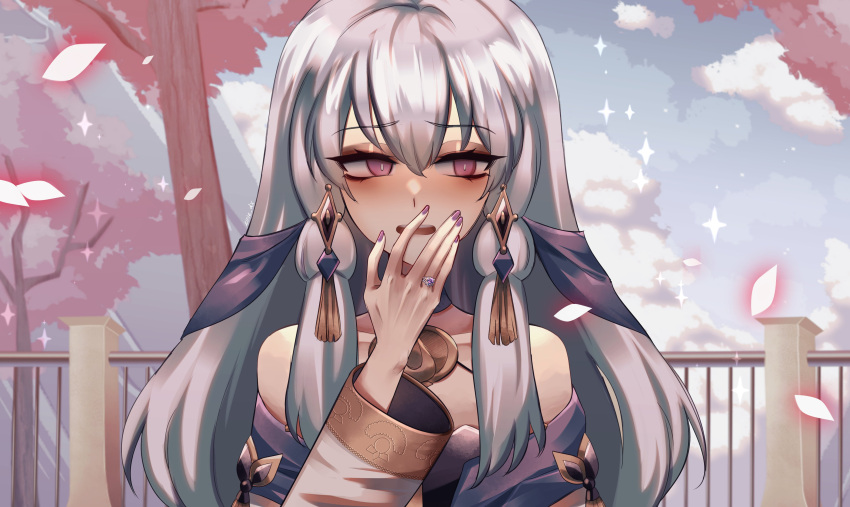 1girl absurdres bare_shoulders cherry_blossoms commentary dress eine_(eine_dx) eyeshadow fire_emblem fire_emblem:_three_houses hand_up highres jewelry long_hair long_sleeves lysithea_von_ordelia makeup nail_polish off-shoulder_dress off_shoulder open_mouth pink_eyes purple_nails railing ring silver_hair solo tree upper_body