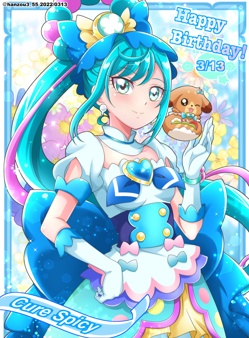 1girl apron blue_background blue_dress blue_eyes blue_hair braid breasts brooch character_name cowboy_shot cure_spicy dated delicious_party_precure dress earrings elbow_gloves eyebrows_visible_through_hair floral_background fork fuwa_kokone gloves gradient gradient_background hair_between_eyes hanzou happy_birthday heart_brooch highres huge_bow jewelry magical_girl pam-pam_(precure) precure puffy_short_sleeves puffy_sleeves short_sleeves small_breasts solo spoon twitter_username