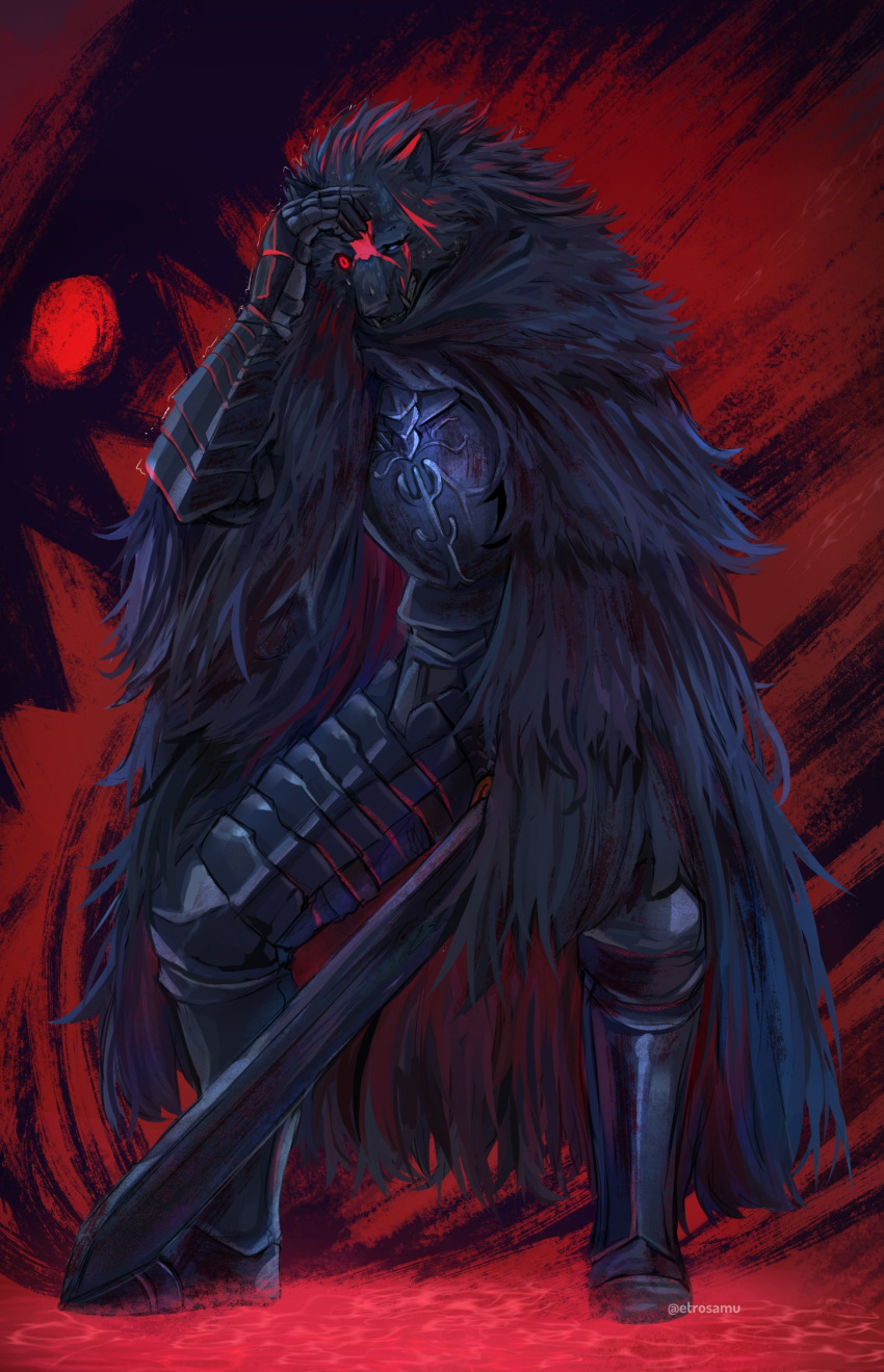 1boy armor blaidd_the_half-wolf blood blood_on_face breastplate elden_ring etrosamu fur_cloak furry furry_male gauntlets greaves highres holding holding_sword holding_weapon male_focus metal_boots red_eyes solo sword weapon wide-eyed