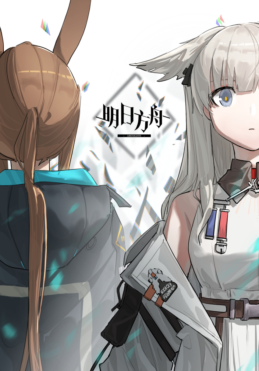 2girls amiya_(arknights) animal_ears arknights arknights:_endfield bare_shoulders black_jacket brown_hair closed_mouth collared_dress commentary_request dress facing_away gradient gradient_background grey_background grey_eyes grey_hair highres hood hood_down hooded_jacket jacket liuxingyun_lxyun long_hair multiple_girls off_shoulder open_clothes open_jacket perlica_(arknights) ponytail rabbit_ears shirt sleeveless sleeveless_dress very_long_hair white_background white_dress white_shirt