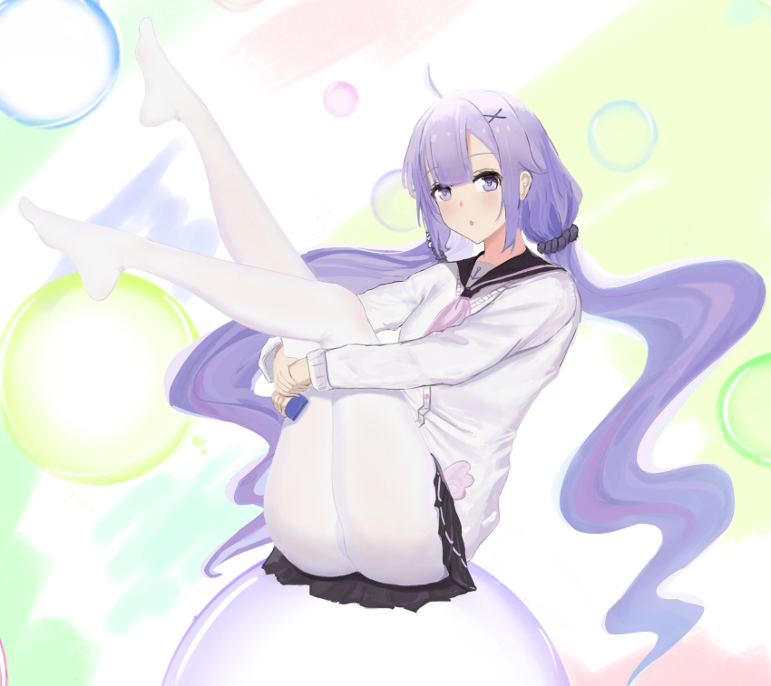 1girl :o azur_lane bangs black_skirt bubble cardigan eyebrows_visible_through_hair full_body hair_ornament hairclip highres hugging_own_legs legs_up long_hair looking_at_viewer low_twintails magicc no_shoes official_alternate_costume open_mouth pantyhose purple_hair school_uniform simple_background skirt solo twintails unicorn_(azur_lane) unicorn_(long-awaited_date)_(azur_lane) violet_eyes white_cardigan white_legwear
