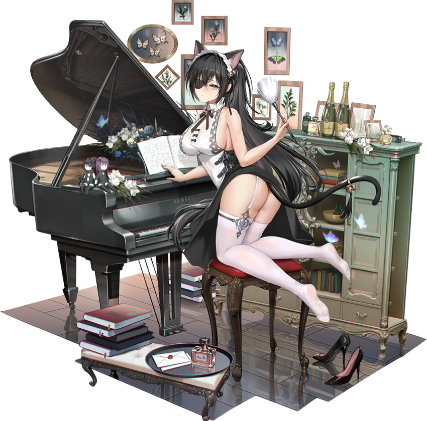 1girl animal_ear_fluff animal_ears ass bangs bare_arms bare_shoulders black_eyes black_hair blush book bottle breasts cat_ears cat_girl cat_tail champagne_bottle character_request doll eyepatch feet flower full_body garter_straps high_heels holding instrument iron_saga kneeling large_breasts legs letter long_hair looking_at_viewer official_art piano picture_frame serenity_(iron_saga) shoes shoes_removed sideboob skindentation sleeveless soles solo tail thigh-highs transparent_background very_long_hair white_legwear zjsstc