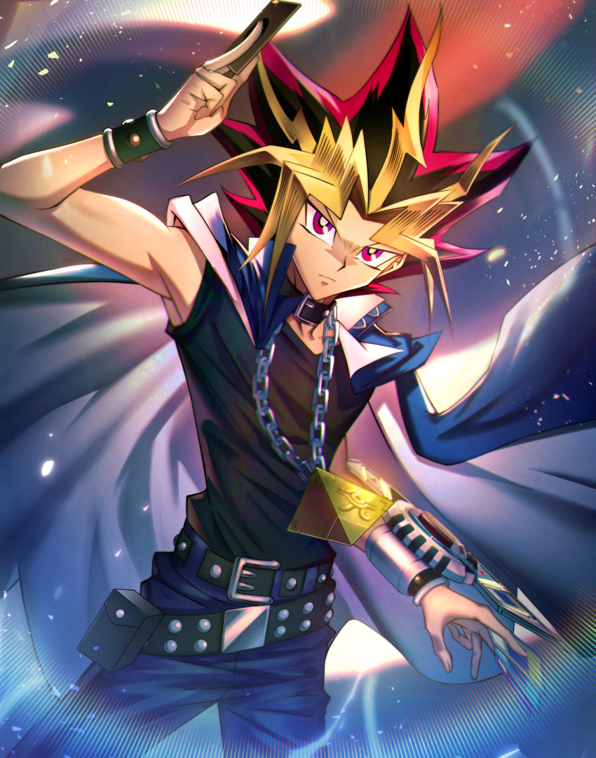 1boy absurdres belt belt_buckle belt_pouch black_hair black_shirt blonde_hair blue_pants buckle cape card chain_necklace closed_mouth duel_disk highres holding holding_card male_focus millennium_puzzle multicolored_shirt pants pink_hair pouch serious shirt sleeveless sleeveless_shirt solo y.m yami_yuugi yu-gi-oh! yu-gi-oh!_duel_monsters