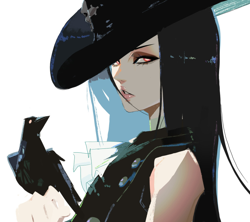 1other absurdres bird bird_on_hand black_hair crow english_commentary eyelashes eyeliner eyeshadow guilty_gear guilty_gear_strive hat highres lips looking_at_viewer looking_to_the_side makeup nem_graphics red_eyes shadow simple_background teeth testament_(guilty_gear) top_hat upper_body white_background