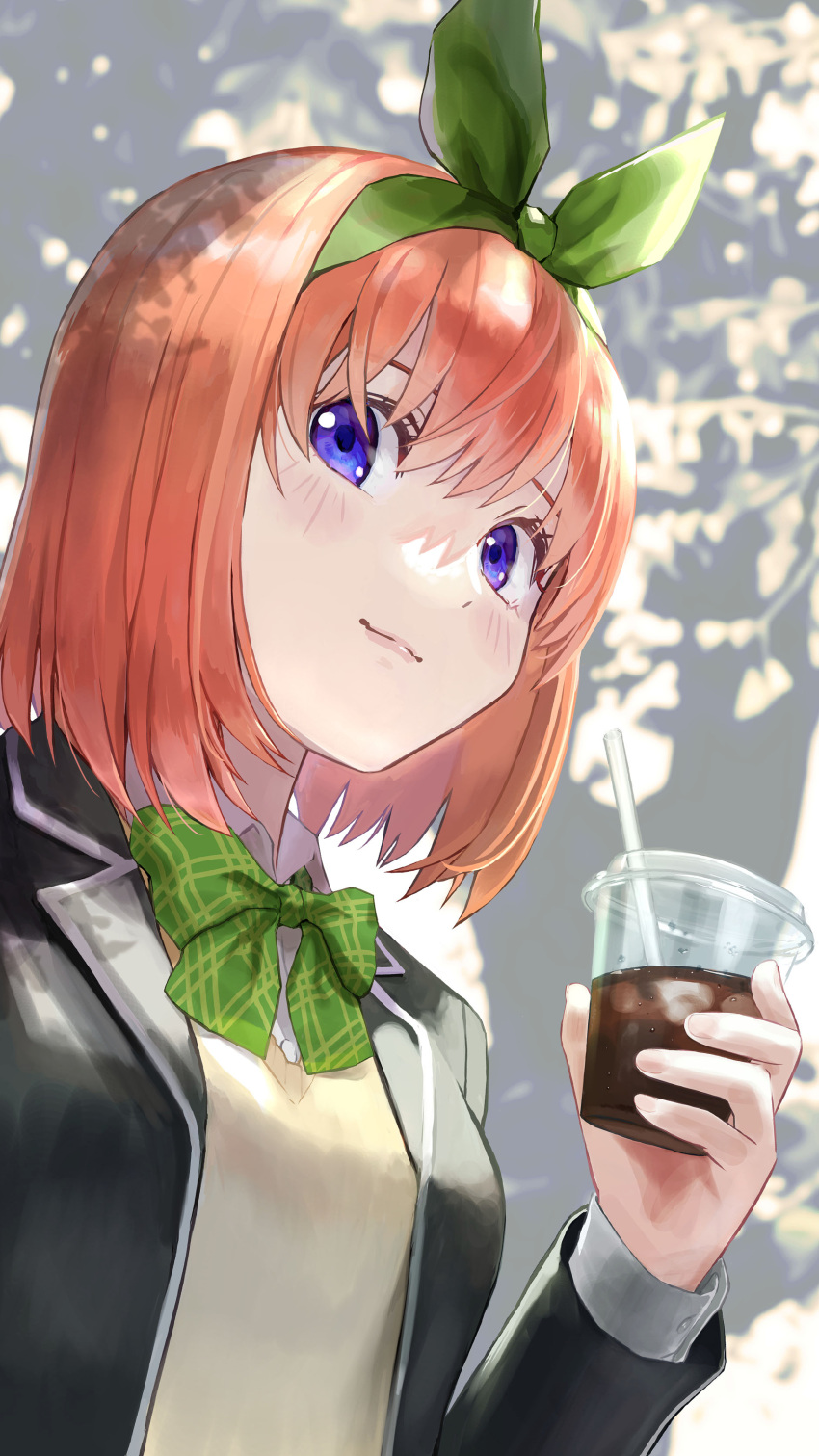 1girl absurdres bangs black_jacket blazer blue_eyes blush bow bowtie closed_mouth commentary_request cup disposable_cup drink eyebrows_behind_hair go-toubun_no_hanayome green_bow green_bowtie green_ribbon hair_between_eyes hair_ribbon highres holding holding_cup holding_drink ishiyuki00 jacket long_sleeves looking_at_viewer medium_hair nakano_yotsuba open_clothes open_jacket orange_hair plaid plaid_bow plaid_bowtie ribbon school_uniform shirt smile solo sweater_vest upper_body vest white_shirt yellow_vest