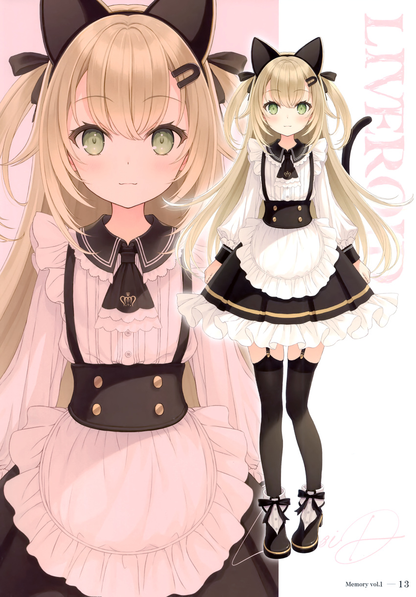 1girl absurdres animal_ears apron bangs black_legwear blonde_hair blush buttons cat_ears cat_tail dress eyebrows_visible_through_hair fake_animal_ears frilled_skirt frills full_moon garter_straps green_eyes hair_ornament hairclip highres long_hair long_sleeves looking_at_viewer moon original page_number scan shoes short_dress short_twintails simple_background skirt smile solo tail thigh-highs tied_hair twintails waist_apron yashiro_seika zettai_ryouiki zoom_layer