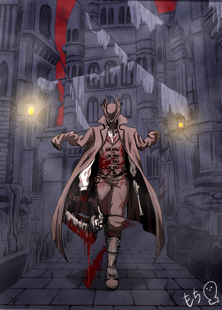 1boy barrel blood blood_on_clothes blood_on_weapon blood_trail bloodborne boots brown_footwear brown_headwear brown_pants brown_vest candle city cityscape clothesline full_body gothic gun handgun hat hidden_face highres holding holding_weapon horror_(theme) hunter_(bloodborne) jacket jacket_on_shoulders lantern long_coat male_focus mochimochi1082 pants pistol red_sky saw_cleaver signature sky statue trail vest walking weapon yharnam