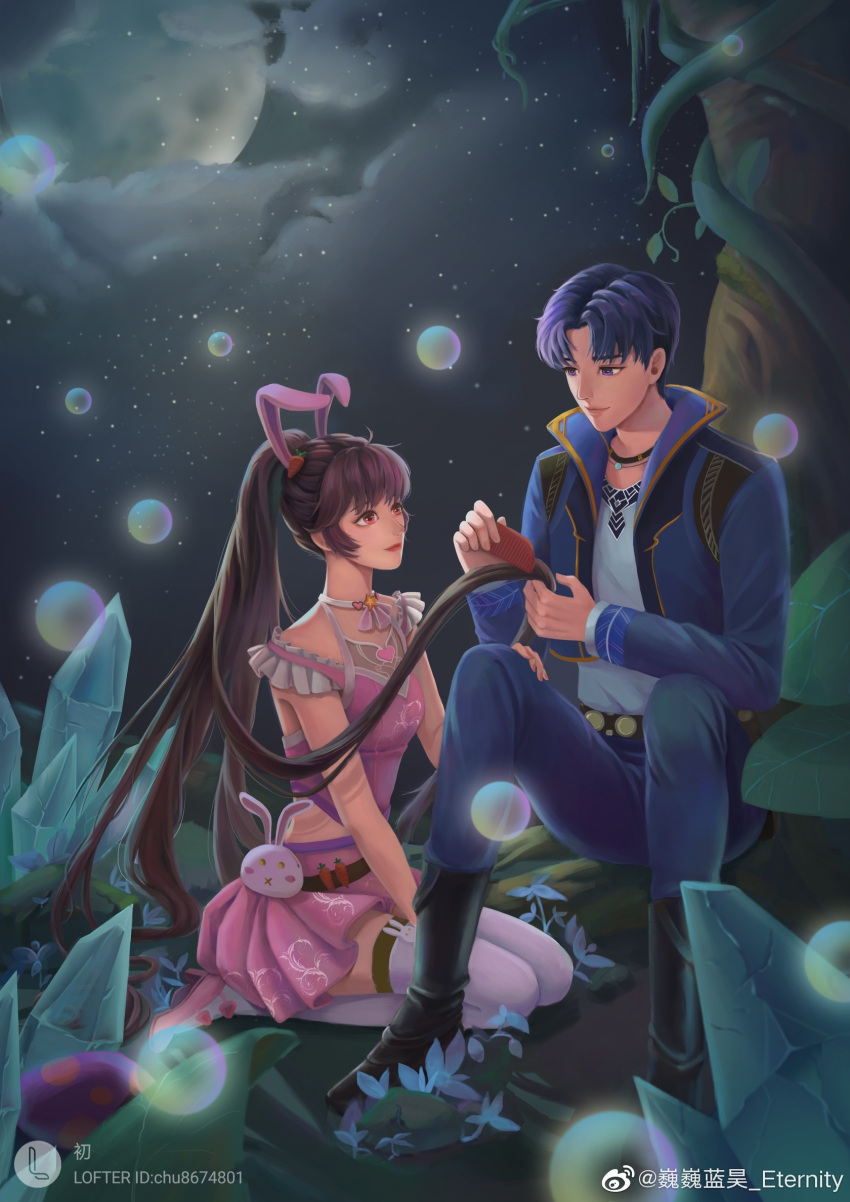 1girl bubble douluo_dalu dress hair_brushing highres light night night_sky ponytail sitting sky tang_san tree weibo_id weibo_logo weiwei_lan_hao xiao_wu_(douluo_dalu)