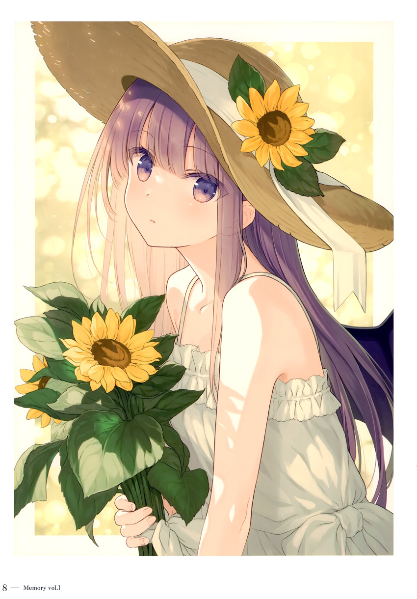 1girl absurdres bangs bare_shoulders blush dress eyebrows_visible_through_hair fingernails flower frilled_dress frills hat highres holding long_hair looking_at_viewer original page_number parted_lips purple_hair simple_background sleeveless solo sun_hat sunflower upper_body violet_eyes white_dress yashiro_seika