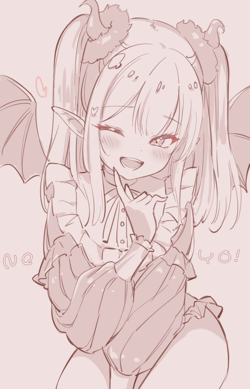 1girl ;d bangs brown_background commentary demon_girl demon_horns demon_wings eyebrows_visible_through_hair frilled_panties frills hand_up heart highres horns jigatei_(omijin) long_hair long_sleeves looking_at_viewer monochrome no_pants one_eye_closed panties pointy_ears puffy_long_sleeves puffy_sleeves rizu-kyun romaji_text shirt simple_background smile solo sono_bisque_doll_wa_koi_wo_suru symbol-only_commentary two_side_up underwear wings