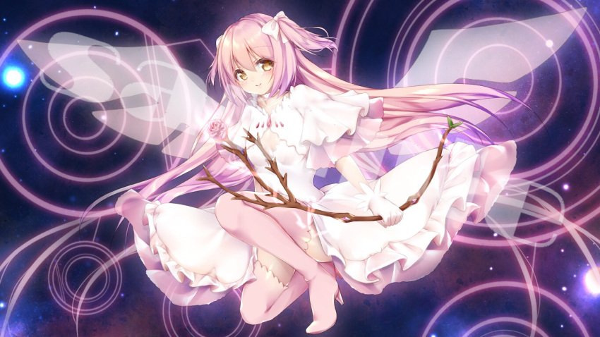 1girl amane_(230075) blush bow bow_(weapon) breast_cutout breasts choker circle clothing_request dress eyebrows_visible_through_hair footwear_request frilled_dress frilled_sleeves frills gesture_request gloves goddess_madoka hair_bow hair_ribbon high_heels hip_focus impossible_clothes kaname_madoka knee_up legwear_request long_hair looking_at_viewer looking_to_the_side mahou_shoujo_madoka_magica one_knee pink_hair pink_legwear ribbon small_breasts smile space tareme thigh-highs transparent_wings two_side_up very_long_hair weapon weapon_request white_bow white_choker white_dress white_gloves white_wings wings yellow_eyes