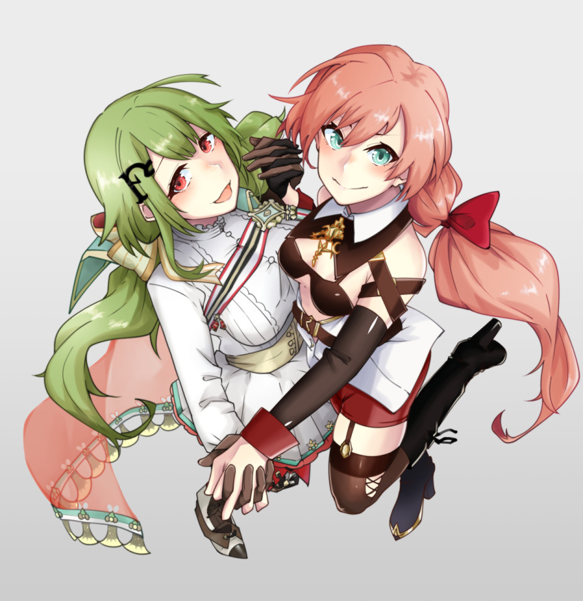 2girls alternate_costume aqua_eyes bangs black_footwear black_gloves blush boots breasts brown_gloves brown_legwear carcano_m1891_(girls'_frontline) closed_mouth eyebrows_visible_through_hair from_above garter_straps girls_frontline gloves green_hair grey_background hair_ornament hair_ribbon hairclip highres holding_hands long_hair looking_at_viewer medium_breasts military military_uniform mk48_(girls'_frontline) multiple_girls nakiusagi open_mouth pink_hair red_eyes red_shorts ribbon shorts single_glove smile standing standing_on_one_leg thigh-highs uniform white_uniform