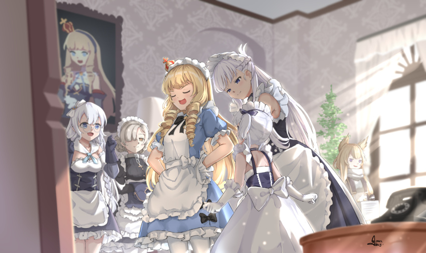 6+girls as4gi azur_lane belfast_(azur_lane) cowboy_shot crown edinburgh_(azur_lane) highres little_bel_(azur_lane) maid mirror multiple_girls official_alternate_costume phone portrait_(object) queen_elizabeth_(azur_lane) queen_elizabeth_(yes_your_maidness!)_(azur_lane) rotary_phone sheffield_(azur_lane) sunlight warspite_(azur_lane)