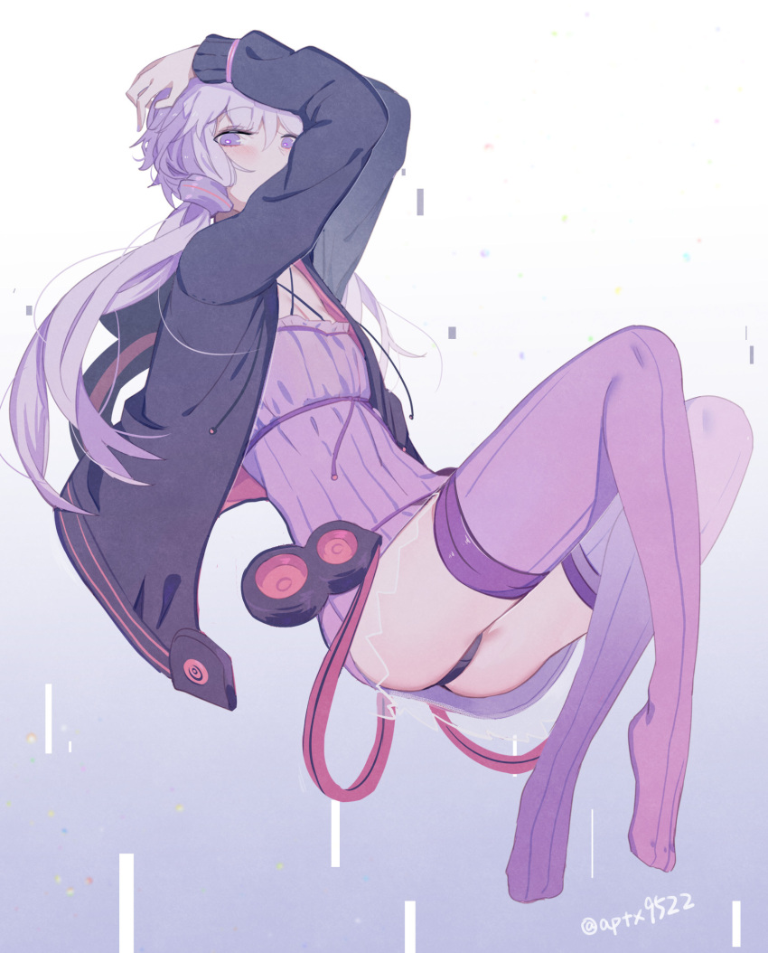 1girl arms_up ass at2. black_jacket eyebrows_visible_through_hair full_body highres jacket long_hair long_sleeves looking_at_viewer low_twintails purple_hair purple_legwear solo thigh-highs twintails violet_eyes voiceroid yuzuki_yukari