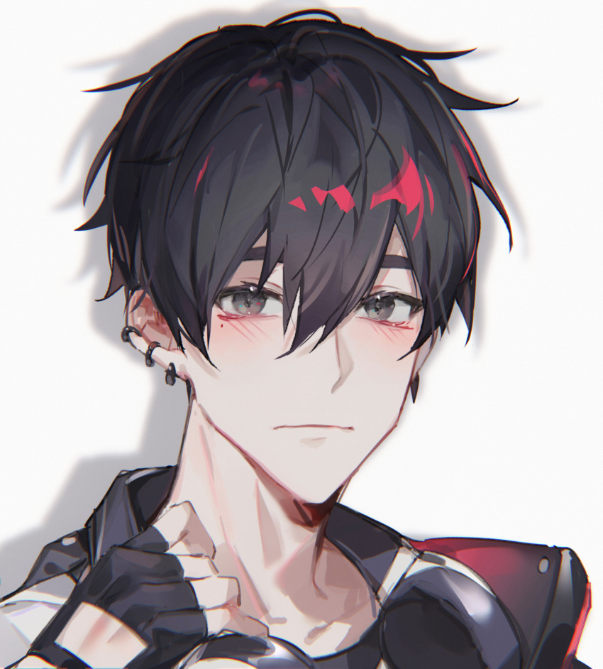 1boy bangs black_gloves black_hair blush buried_stars chinese_commentary clip_studio_paint_(medium) closed_mouth commentary ear_piercing earrings fingerless_gloves gloves grey_eyes hair_between_eyes han_do-yoon headphones headphones_around_neck highres jewelry looking_at_viewer male_focus mole mole_under_eye piercing shadow short_hair simple_background solo white_background yusa_(yusa0751)