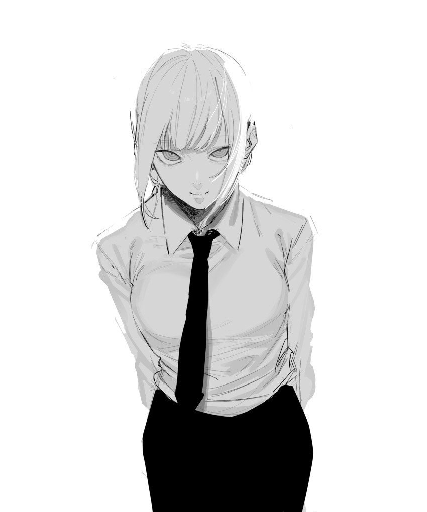 1girl absurdres arms_behind_back breasts chainsaw_man closed_mouth collared_shirt commentary cowboy_shot dress_shirt eyebrows_visible_through_hair greyscale highres kona_ming long_sleeves looking_at_viewer makima_(chainsaw_man) medium_breasts medium_hair monochrome necktie pants ringed_eyes shirt shirt_tucked_in sidelocks simple_background smile smirk solo white_background wing_collar