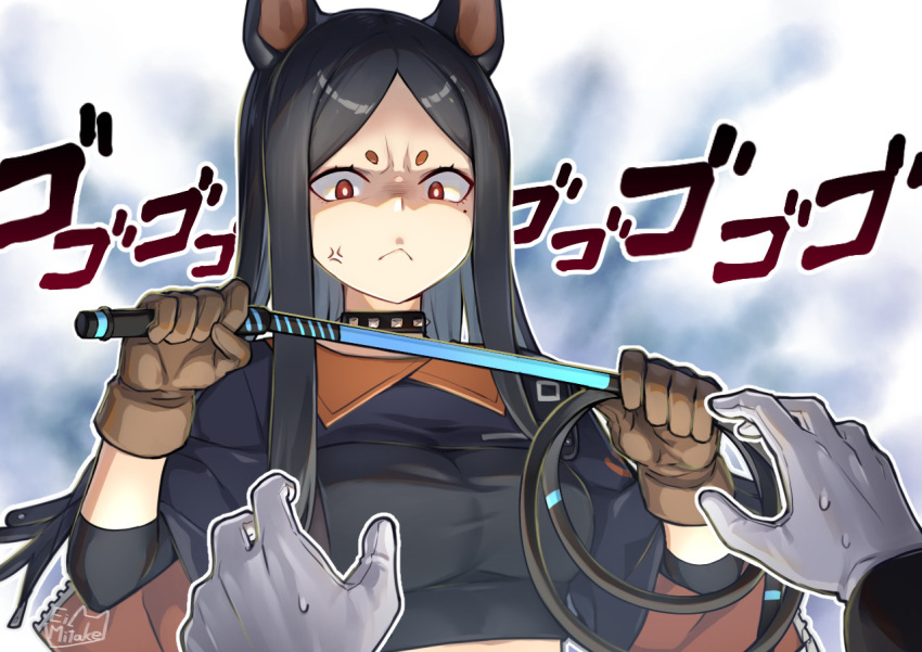 1girl :&lt; anger_vein animal_ears arknights artist_name black_choker black_hair black_shirt breasts bright_pupils brown_gloves choker commentary_request crop_top dobermann_(arknights) dog_ears gloves hands_up hikimayu holding holding_whip long_hair medium_breasts menacing_(jojo) mitake_eil mole mole_under_eye pov red_eyes shirt solo_focus sweat upper_body white_gloves