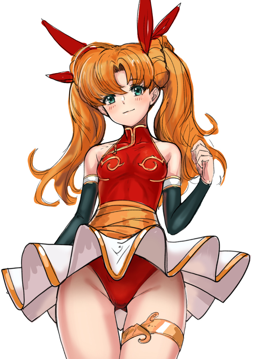 1girl absurdres aqua_eyes bangs bare_shoulders blush bow breasts closed_mouth commentary_request gold_trim hair_bow highleg highleg_leotard highres langrisser langrisser_iii leotard long_hair looking_at_viewer mhg_(hellma) miniskirt orange_hair pleated_skirt red_leotard simple_background skirt sleeveless small_breasts smile solo thigh_strap thighs tiaris_(langrisser) tied_hair turtleneck twintails white_background