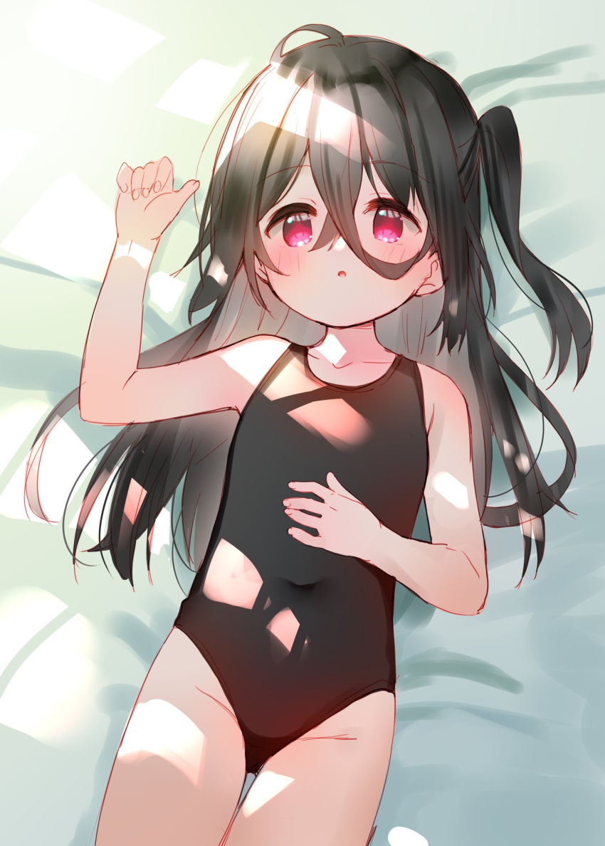 1girl :o arm_up bangs bare_arms bare_shoulders bed_sheet black_hair black_swimsuit blush collarbone commentary_request covered_navel eyebrows_visible_through_hair groin hair_between_eyes highres long_hair lying meito_(maze) on_back one-piece_swimsuit one_side_up original parted_lips solo swimsuit very_long_hair violet_eyes