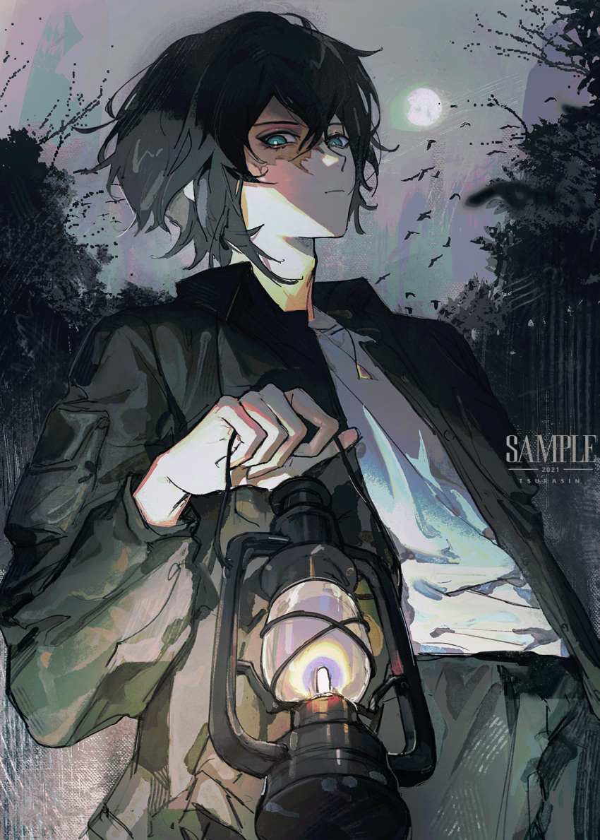 1boy black_hair black_jacket black_pants blue_eyes commentary_request from_below highres holding holding_lantern jacket jewelry lantern looking_at_viewer male_focus necklace open_clothes open_jacket original orniflop pants sample_watermark scar scar_on_face shirt short_hair solo underlighting white_shirt