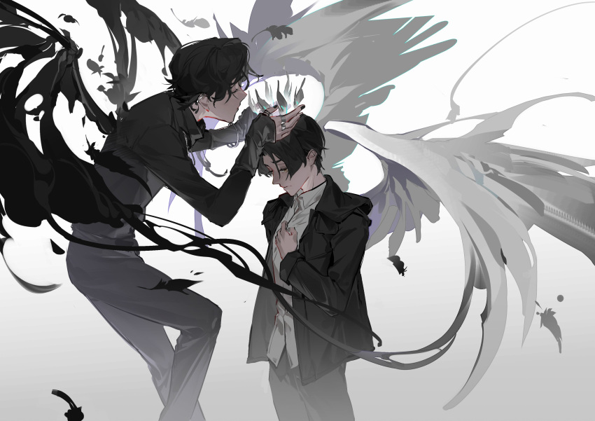 1boy 2boys absurdres angel_and_devil angel_wings backless_outfit black_feathers black_hair black_nails black_pants black_shirt black_tail black_vs_white black_wings brown_eyes chain chain-link_fence closed_eyes covering_mouth cowboy_shot crown demon demon_tail demon_wings dual_persona eyebrows feathered_wings feathers fence flying gothic highres igarashi_daiji kagero_(kamen_rider_revice) kamen_rider kamen_rider_revice light looking_back male_focus mixed-language_commentary multiple_boys nemuiz open_hand pants shirt short_hair sky smile solo spoilers standing symbolism tail transformation white_feathers white_shirt white_wings wings