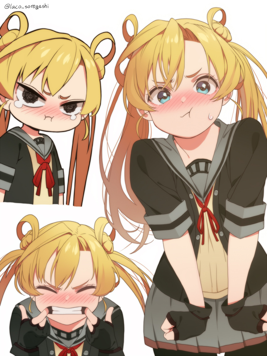 1girl :i :t abukuma_(kancolle) abukuma_kai_ni_(kancolle) bangs bike_shorts bike_shorts_under_skirt black_gloves blonde_hair blue_eyes blush closed_eyes closed_mouth commentary double_bun fingerless_gloves gloves grey_skirt highres kantai_collection laco_soregashi long_hair multiple_views nose_blush pout sailor_collar school_uniform serafuku short_sleeves simple_background skirt sweat tears twintails twitter_username white_background