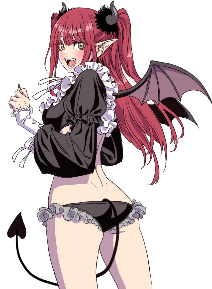 1girl absurdres ass blush breasts commentary_request demon_girl demon_horns demon_tail detached_sleeves fangs fingernails frilled_panties frills from_behind green_eyes highres horns kitagawa_marin lips long_sleeves looking_at_viewer looking_back medium_breasts midriff mini_wings nail_polish open_mouth panties pointy_ears puffy_sleeves redhead rizu-kyun shiny shiny_hair simple_background smile solo sono_bisque_doll_wa_koi_wo_suru tail thighs tied_hair underwear white_background wings yamashita_shun'ya
