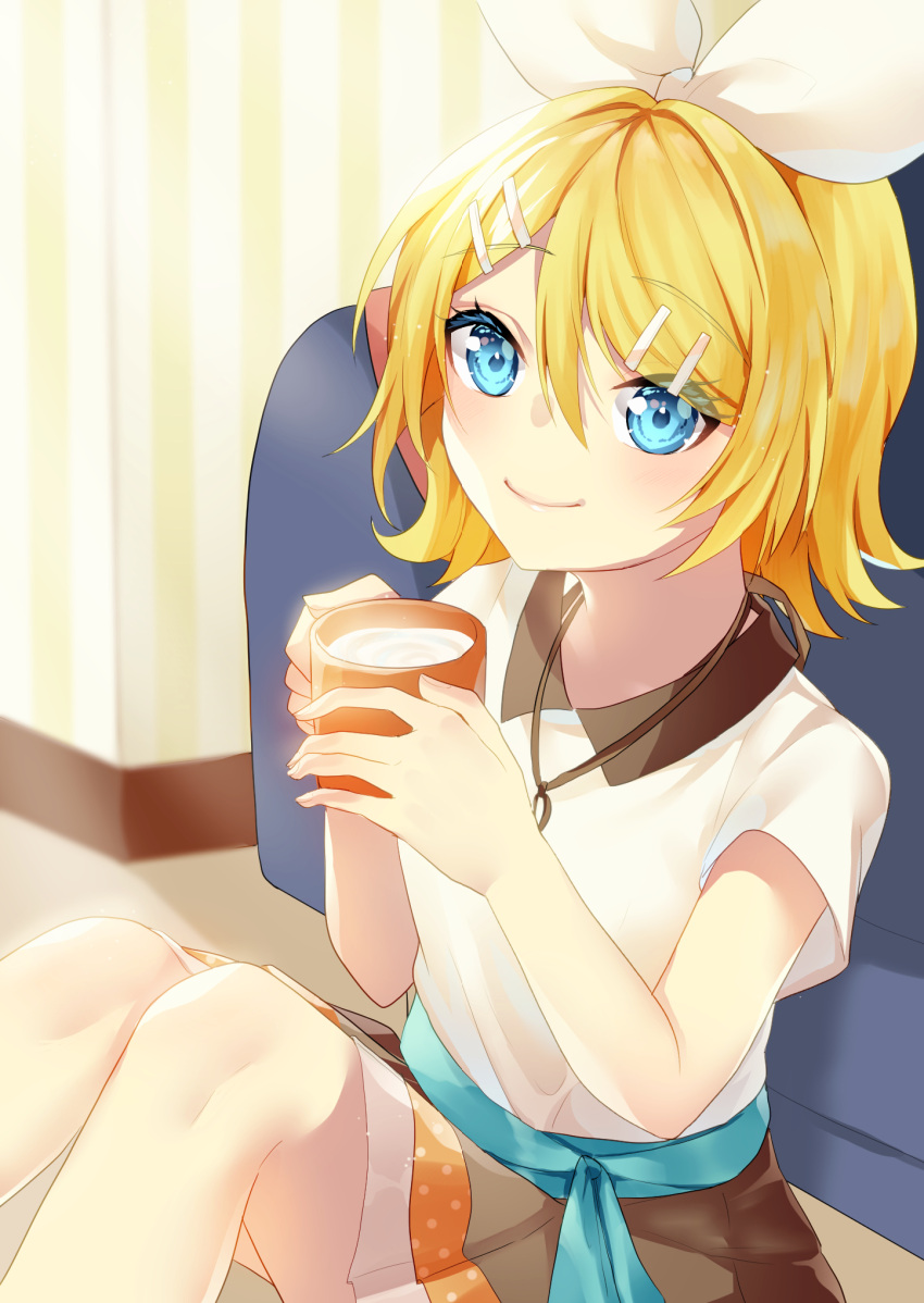 1girl aryuma772 bangs blonde_hair blue_eyes blurry blurry_background bow closed_mouth cup eyebrows_visible_through_hair grey_skirt hair_between_eyes hair_bow hair_ornament hairclip highres holding holding_cup indoors kagamine_rin miniskirt shiny shiny_hair shirt short_hair short_sleeves sitting skirt smile solo vocaloid white_bow white_shirt