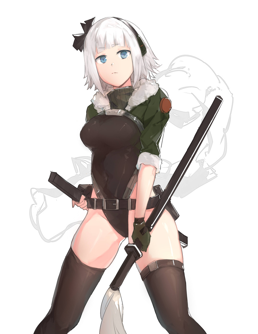 1girl absurdres bangs blue_eyes blunt_bangs breasts commentary_request expressionless feet_out_of_frame fur_trim girls_frontline gloves hair_ornament headphones hei_chuan_gui highres holding large_breasts leotard looking_at_viewer pp-19_(girls'_frontline) short_hair solo standing thigh-highs