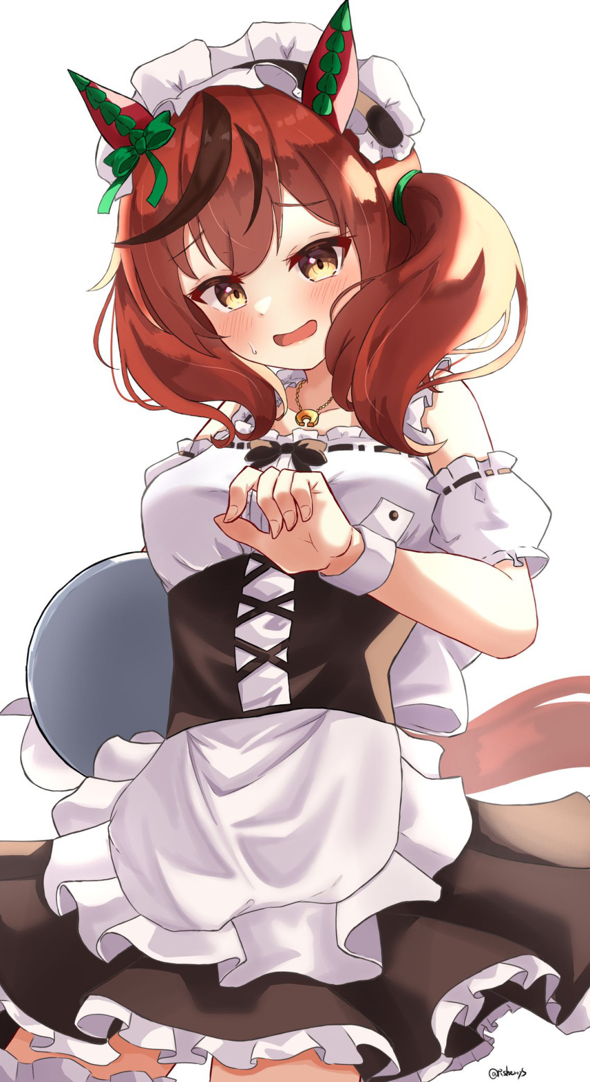 animal_ears breasts brown_eyes collarbone commentary_request embarrassed highres horse_ears horse_girl horse_tail jewelry looking_at_viewer maid maid_headdress medium_breasts medium_hair naonao_(sherry) necklace nice_nature_(umamusume) open_mouth redhead simple_background tail tray umamusume white_background
