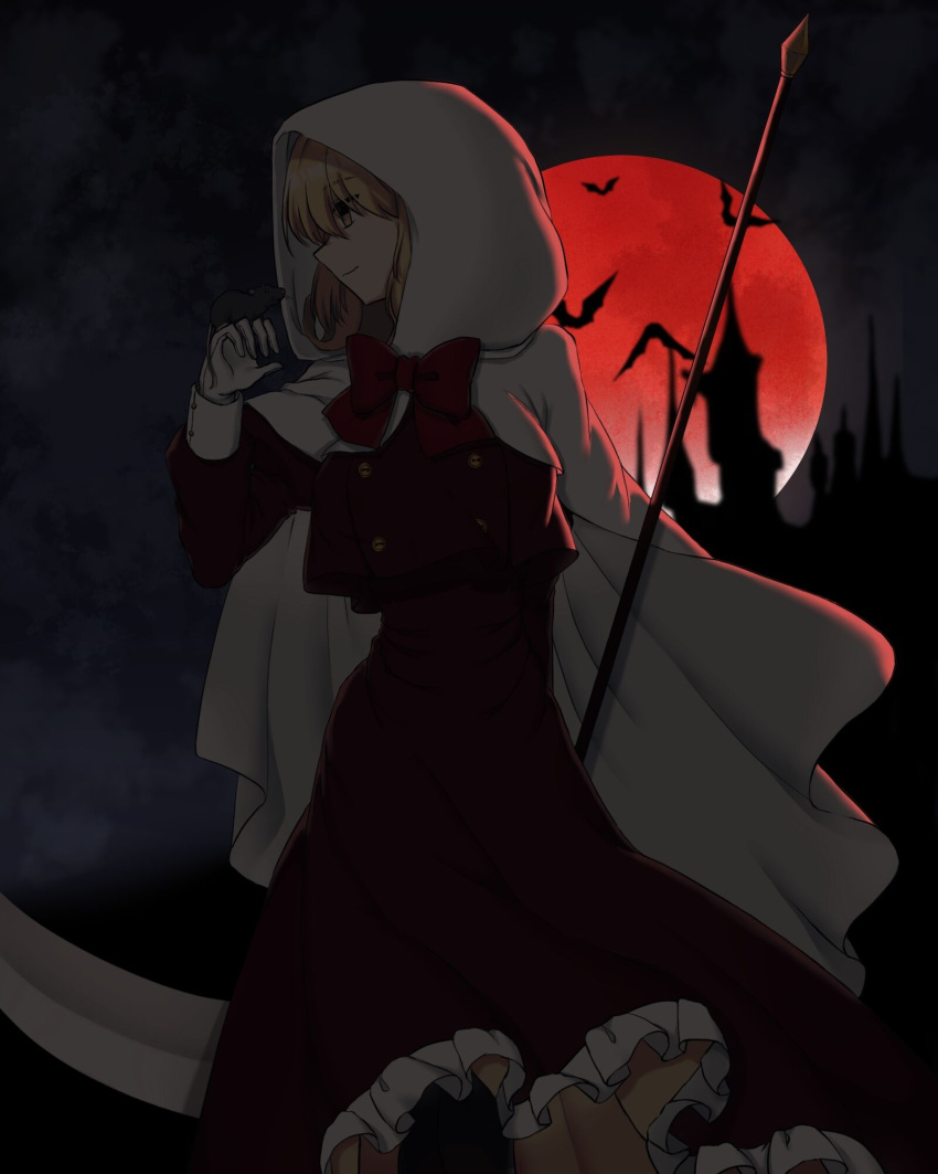 1girl adapted_costume bat blonde_hair blouse bow bowtie castle commentary death_(entity) elly_(touhou) frilled_skirt frills full_moon gloves grim_reaper highres holding holding_scythe holding_weapon juliet_sleeves long_skirt long_sleeves looking_to_the_side moon night nnn5556 puffy_sleeves rat red_blouse red_bow red_bowtie red_skirt scythe short_hair skirt touhou touhou_(pc-98) weapon white_gloves white_hood yellow_eyes