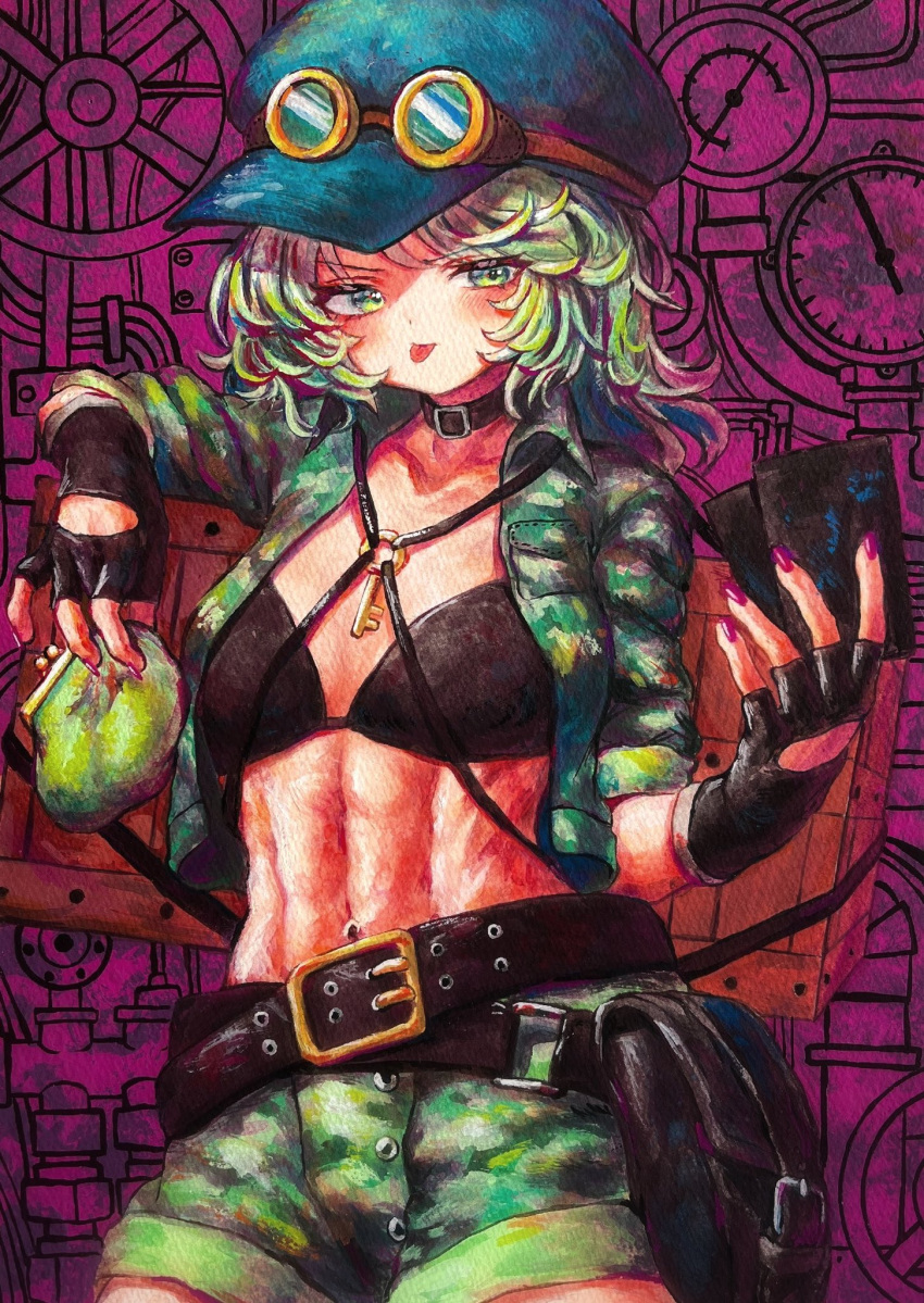 1girl arm_up bag bangs belt black_bag black_belt black_bra black_choker black_gloves blue_headwear blush bra breasts card choker closed_mouth collarbone commentary_request eyebrows_visible_through_hair fingernails gloves green_eyes green_hair green_jacket green_shorts hands_up hat highres jacket key_necklace long_fingernails long_sleeves looking_to_the_side nail_polish navel open_clothes open_jacket pocket purple_background purple_nails short_hair shorts sleeves_rolled_up small_breasts solo standing tongue tongue_out touhou underwear wallet waramori_fuzuka yamashiro_takane