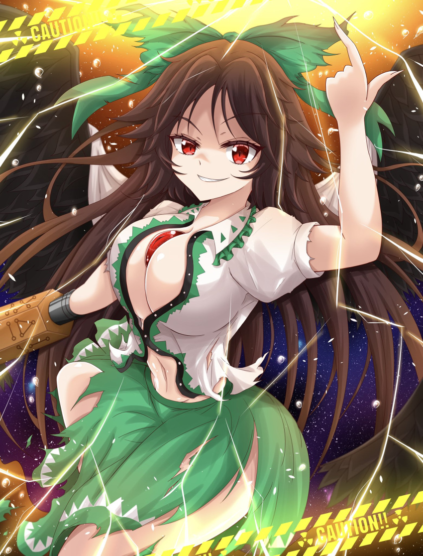 1girl arm_cannon bird_wings black_wings blouse bow brown_hair center_frills collared_shirt frilled_shirt_collar frilled_skirt frills green_bow green_skirt hair_bow highres long_hair nails pointing pointing_up ponytail puffy_short_sleeves puffy_sleeves radiation_symbol red_eyes reijing_etrn reiuji_utsuho shirt short_sleeves skirt solo third_eye torn_clothes touhou weapon white_shirt wings