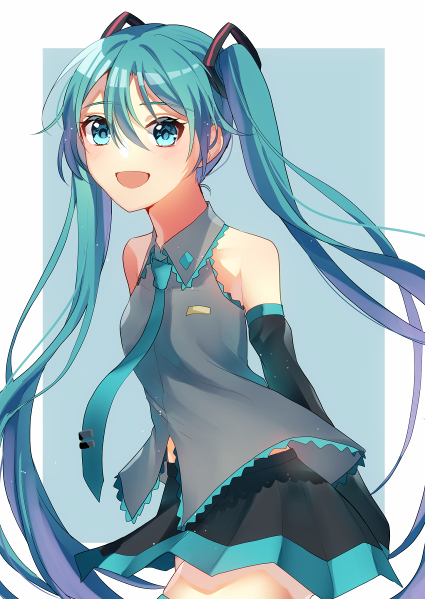 1girl :d arms_behind_back aryuma772 bangs black_skirt black_sleeves blue_eyes blue_hair blue_necktie blush collared_shirt cowboy_shot detached_sleeves dress_shirt floating_hair grey_shirt hair_between_eyes hatsune_miku highres long_hair long_sleeves miniskirt necktie open_mouth pleated_skirt shiny shiny_hair shirt skirt sleeveless sleeveless_shirt smile solo twintails very_long_hair vocaloid wing_collar
