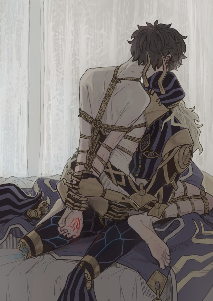 1boy 1other android avicebron_(fate) barefoot bdsm bishounen blonde_hair bondage bound commentary_request curtains fate_(series) hand_tattoo highres male_focus mmm3sushi nude on_bed sitting sitting_on_lap sitting_on_person