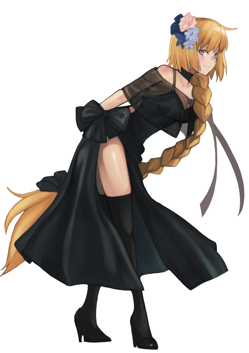 1girl bangs bare_shoulders black_bow black_choker black_dress black_footwear black_legwear blonde_hair blue_eyes blue_flower bow capelet choker commentary_request dress fate/apocrypha fate_(series) flower full_body hair_flower hair_ornament high_heels highres jeanne_d'arc_(fate) leaning_forward long_braid long_hair looking_at_viewer off_shoulder side_slit simple_background smile solo standing thigh-highs thighs very_long_hair viktorf white_background