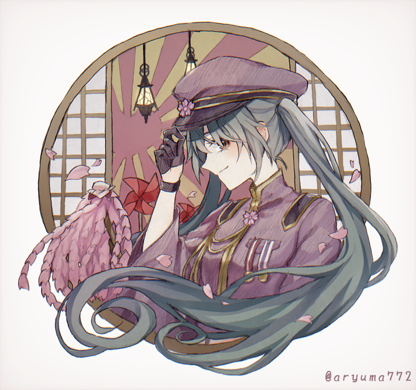 1girl aryuma772 bangs black_gloves brown_eyes cherry_blossoms closed_mouth floating_hair gloves grey_hair hair_between_eyes half_gloves hat hatsune_miku highres jacket long_hair military_hat profile purple_headwear purple_jacket senbon-zakura_(vocaloid) smile solo twintails twitter_username upper_body very_long_hair vocaloid white_background