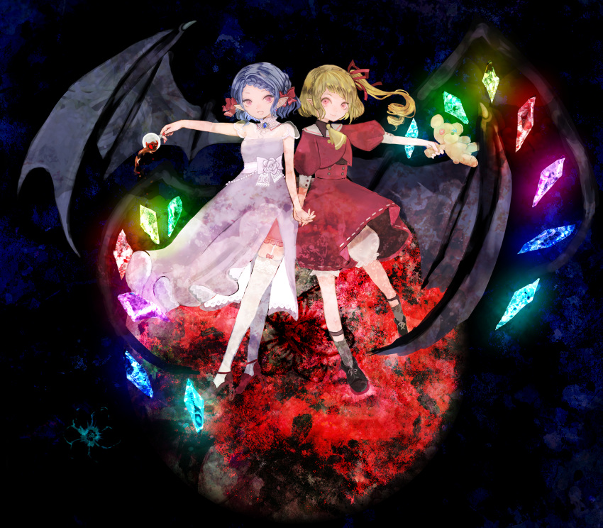 2girls :d alcohol alternate_costume ascot bat_wings black_footwear blonde_hair bloomers blue_hair bow braid brooch closed_mouth collar commentary crystal cup dress drinking_glass fang fingernails flandre_scarlet flower frilled_collar frills full_body glowing grey_legwear hair_bow hair_ribbon high_heels highres holding holding_cup holding_hands holding_stuffed_toy interlocked_fingers jewelry looking_at_viewer multiple_girls nail_polish no_hat no_headwear off-shoulder_dress off_shoulder one_side_up open_mouth pink_bloomers pointy_ears puffy_short_sleeves puffy_sleeves purple_dress red_bow red_eyes red_footwear red_nails red_ribbon red_skirt red_vest remilia_scarlet ribbon rose sano_naoi shoes short_hair short_sleeves siblings sisters skin_fang skirt skirt_set sleeve_cuffs slit_pupils smile socks spilling stuffed_animal stuffed_toy teddy_bear thigh-highs touhou underwear vest white_bloomers white_legwear wine wine_glass wings yellow_ascot