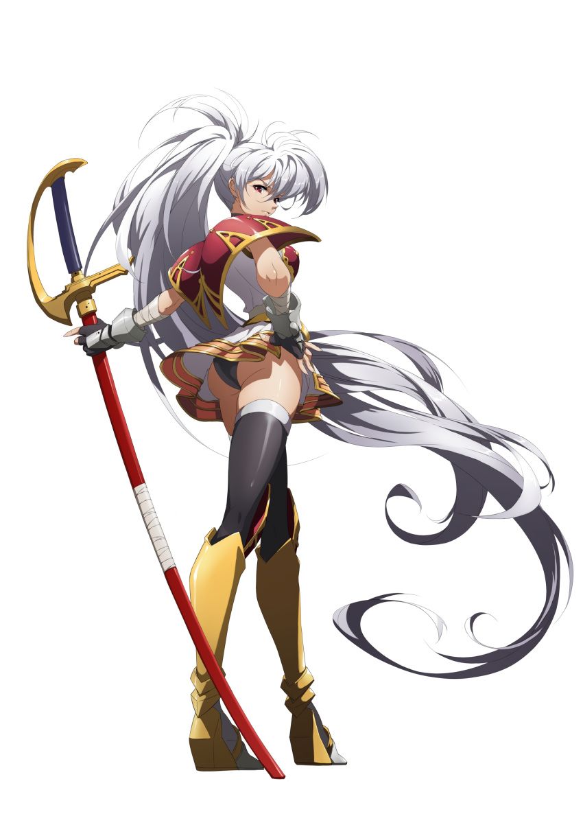 1girl absurdly_long_hair absurdres armor armored_boots ass bangs black_panties boots fingerless_gloves full_body gloves high_ponytail highres holding holding_sword holding_weapon langrisser langrisser_iii langrisser_mobile long_hair luna_(langrisser) non-web_source official_art panties pauldrons photoshop_(medium) red_eyes sheath sheathed shoulder_armor simple_background smile standing sword thigh-highs underwear very_long_hair weapon white_background white_hair
