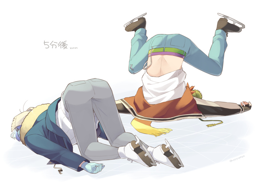2boys aqua_pants ass back black_footwear blue_gloves blue_hair face_down faceplant fallen_down fingerless_gloves fur-trimmed_jacket fur_trim gloves green_belt grey_pants hasegawa_langa highres ice_skates jacket kyan_reki legs_up looking_at_viewer male_focus messy_hair multiple_boys open_clothes open_shirt outstretched_arms pants red_hair scarf shirt short_hair sk8_the_infinity skates spread_arms sweater tassel top-down_bottom-up uppi white_background white_footwear white_sweater yellow_scarf