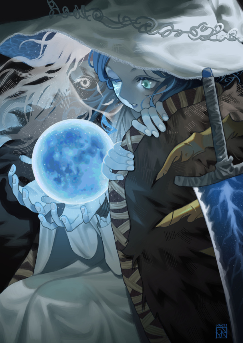 1girl blue_eyes blue_hair blue_skin colored_skin elden_ring extra_arms extra_faces hat highres long_hair moonlight_greatsword one_eye_closed poch4n ranni_the_witch solo witch witch_hat