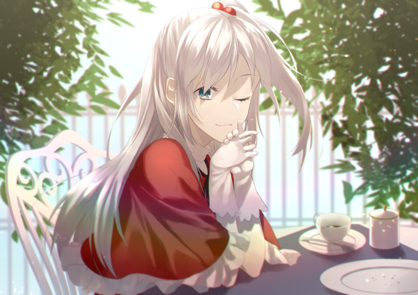 1girl absurdres blue_eyes braid cape capelet chair cup dish frilled_capelet frills gloves hair_bobbles hair_ornament highres long_hair mug one_eye_closed otoshiro_kosame outdoors plate red_cape shinki_(touhou) side_braid table touhou touhou_(pc-98) white_gloves white_hair
