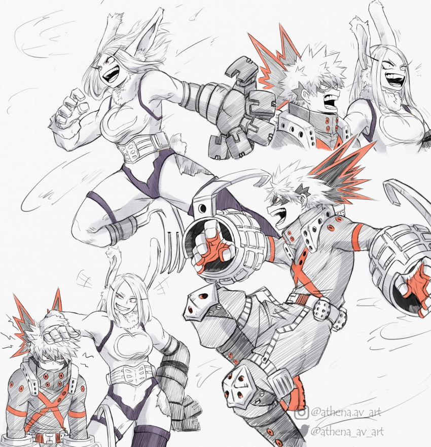 1boy 1girl animal_ears annoyed artist_name athena_av bakugou_katsuki bangs bare_arms bare_shoulders belt bodysuit boku_no_hero_academia boots breasts commentary english_commentary eye_mask gloves grin hand_on_another's_head hand_on_hip hatching_(texture) highres instagram_logo instagram_username knee_pads linear_hatching long_hair looking_at_another lower_teeth mirko multiple_sources multiple_views muscular muscular_female open_mouth partially_colored prosthesis prosthetic_leg rabbit_ears rabbit_girl rabbit_tail red_eyes short_hair smile spiky_hair standing tail teeth twitter_logo twitter_username upper_teeth watermark white_background