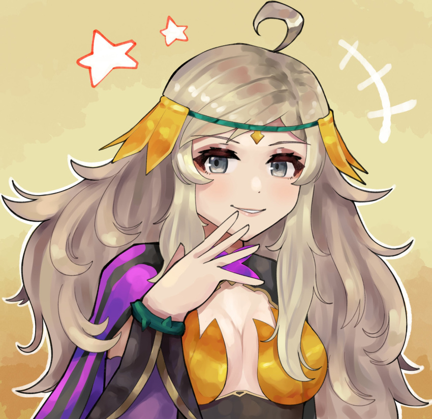 1girl absurdres ahoge asymmetrical_bangs bangs blonde_hair breasts dtomebreaker fire_emblem fire_emblem_fates fire_emblem_heroes grey_eyes highres long_hair looking_at_viewer medium_breasts official_alternate_costume ophelia_(fire_emblem) smile solo star_(symbol) upper_body yellow_background