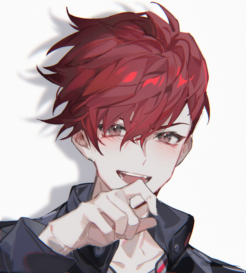 1boy black_jacket blush buried_stars chinese_commentary commentary fangs hand_up highres jacket long_sleeves looking_at_viewer male_focus open_mouth pink_eyes redhead seo_hyesung shadow short_hair simple_background solo teeth white_background yusa_(yusa0751)
