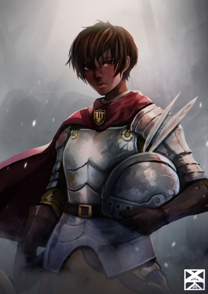 1girl absurdres armor berserk breastplate brown_gloves brown_hair cape casca_(berserk) dark-skinned_female dark_skin gloves headwear_removed helmet helmet_removed highres leather leather_gloves lips looking_at_viewer plate_armor portrait red_cape red_eyes short_hair shoulder_armor solo xuuikie_ashe