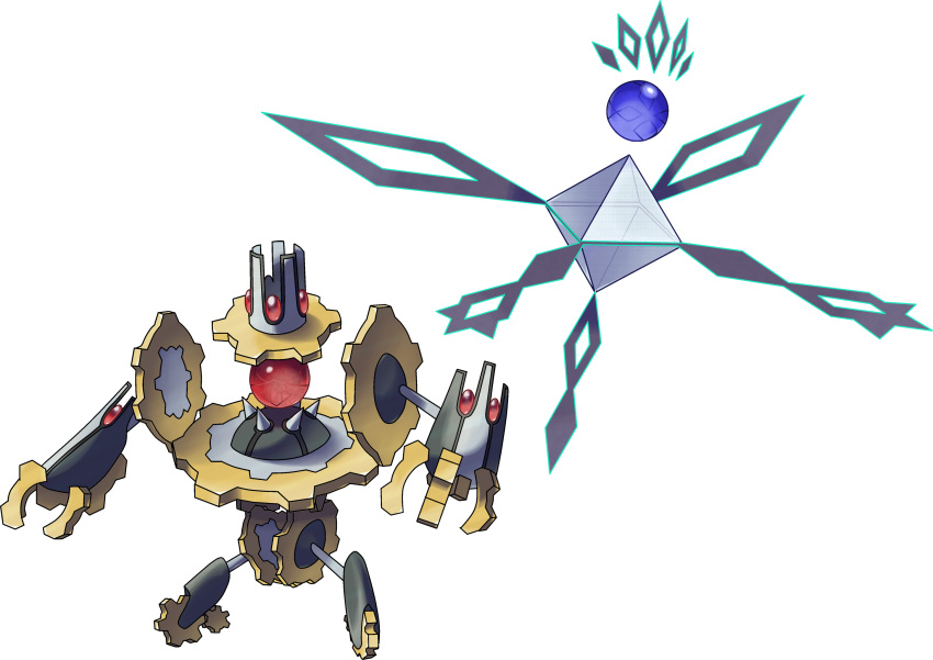 aqua_outline binary commentary english_commentary fakemon floating full_body gears gem highres hyshirey no_humans official_style orb original pokemon prism spikes standing transparent transparent_background