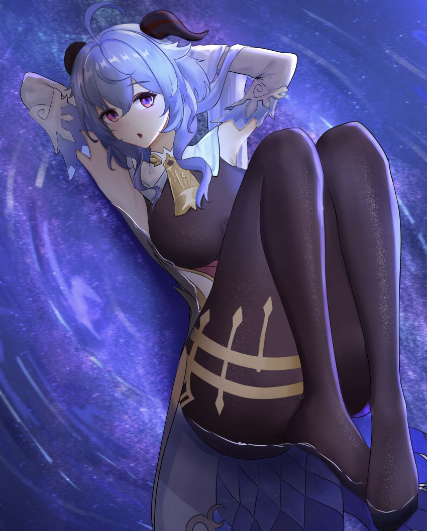 1girl :o absurdres ahoge arms_behind_head bangs black_legwear blue_hair bodystocking breasts cow_horns eyebrows_visible_through_hair full_body ganyu_(genshin_impact) genshin_impact highres horns legs_up long_hair looking_at_viewer lying magicc medium_breasts no_shoes on_back on_water open_mouth pantyhose simple_background solo thighs violet_eyes water