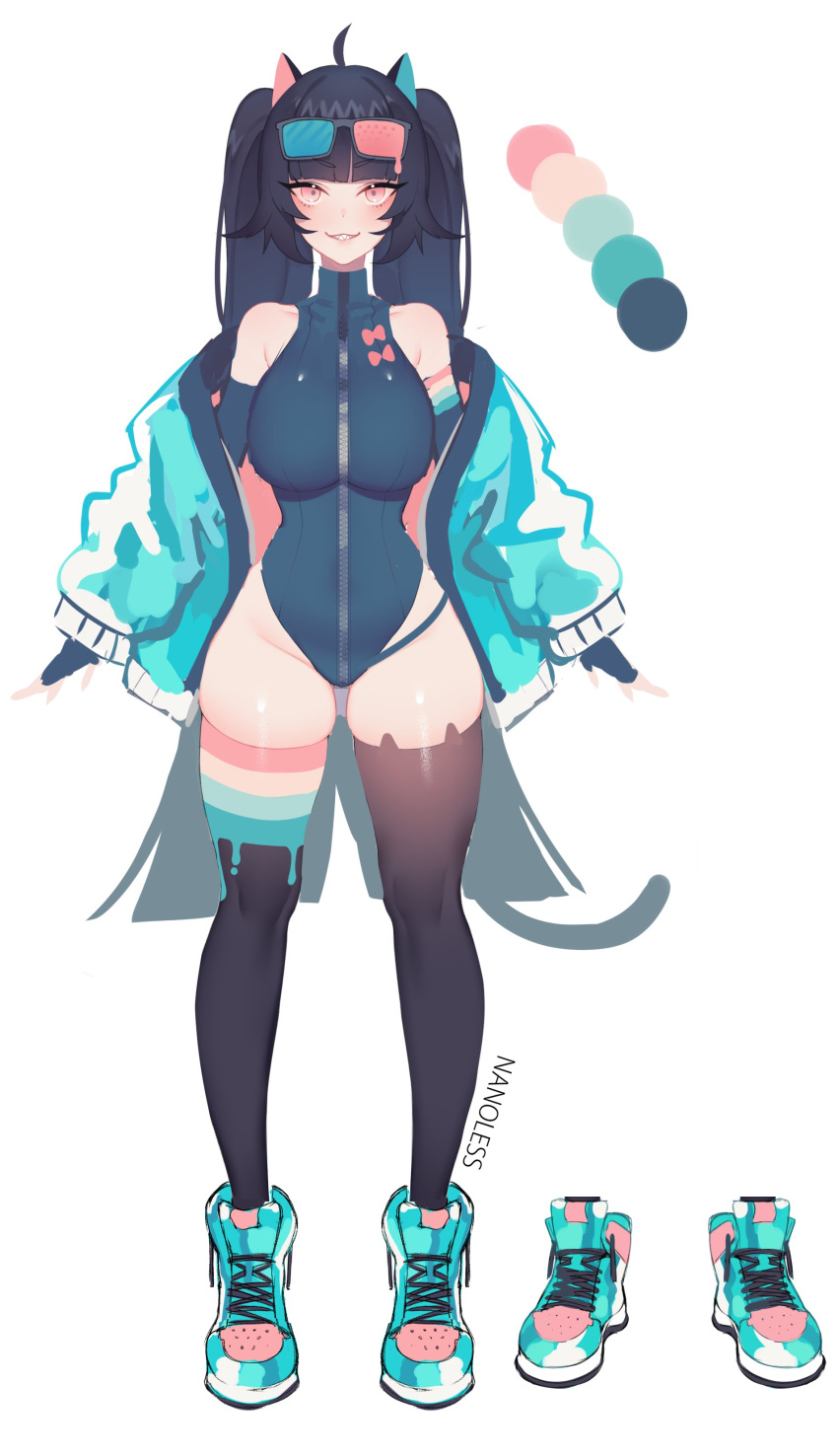 1girl absurdres ahoge animal_ear_fluff animal_ears aqua_jacket bangs bare_shoulders black_hair black_legwear breasts cat_ears cat_tail color_guide eyebrows_visible_through_hair fingerless_gloves gloves highres indie_virtual_youtuber jacket large_breasts long_hair looking_at_viewer nanoless nyana_(vtuber) simple_background solo sunglasses tail thigh-highs twintails unzipped virtual_youtuber zipper