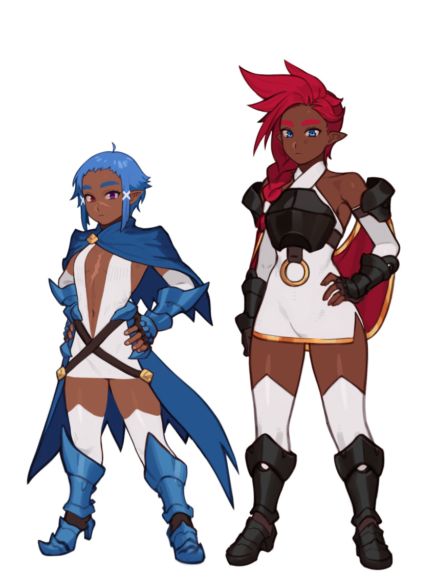 2girls absurdres armor armored_boots bare_shoulders black_gloves blue_capelet blue_eyes blue_hair boots braid breastplate capelet commentary dark-skinned_female dark_skin dress elbow_gloves elf elfheim english_commentary fingerless_gloves flat_chest full_body gauntlets gloves hair_ornament hair_over_one_eye hands_on_hips height_difference heterochromia highres legs_apart long_hair looking_at_viewer multiple_girls navel navy_sapphyr original plunging_neckline pointy_ears red_eyes redhead roan_sapphyr scar scar_on_chest scar_on_face short_hair siblings simple_background sisters spiky_hair standing sunna_(nilsunna) thick_eyebrows thigh-highs vambraces violet_eyes waist_cape white_background white_dress white_gloves white_legwear x_hair_ornament
